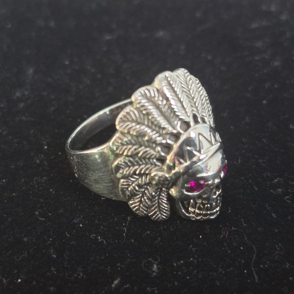 .925 Sterling Silver Skull with Native American Headwear Men's Ring Brand new - Picture 2 of 7